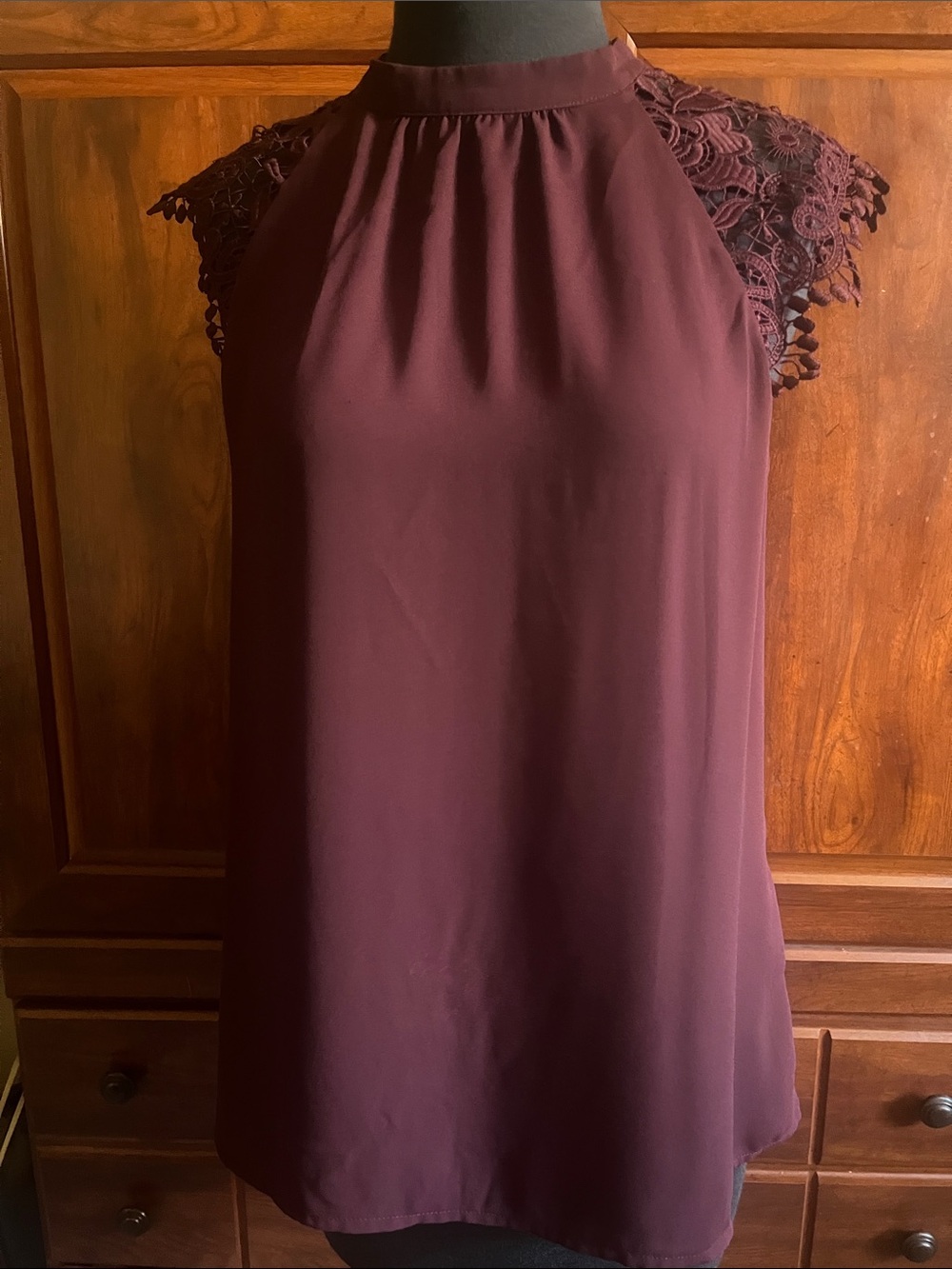 Express Sleeveless Halter top in Burgundy with Lace Shoulders